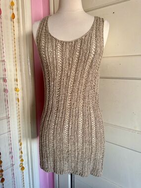 Olivia Sky Open Knit Tank Top Size L Beige Longline Boho Crochet